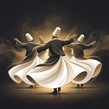 Illustration of three whirling dervishes performing
together, representing the Rumi Sufi community