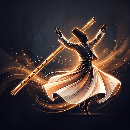 Illustration of a ney flute and whirling dervish in
motion, representing music and movement in the Sema tradition