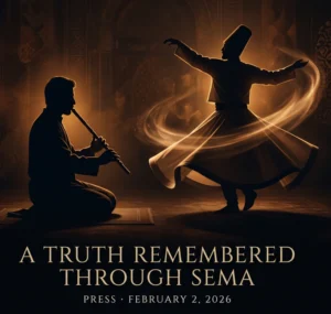 Illustrated poster for the press feature "A Truth Remembered Through Sema," covering the Frankfurt performance, February 2026