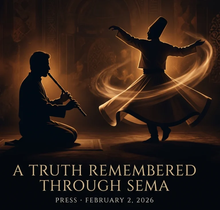 Illustrated poster for the press feature "A Truth Remembered Through Sema," covering the Frankfurt performance, February 2026