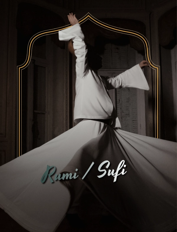 Whirling dervish performing the Sema ceremony in traditional attire, representing the story of Rumi Sufi